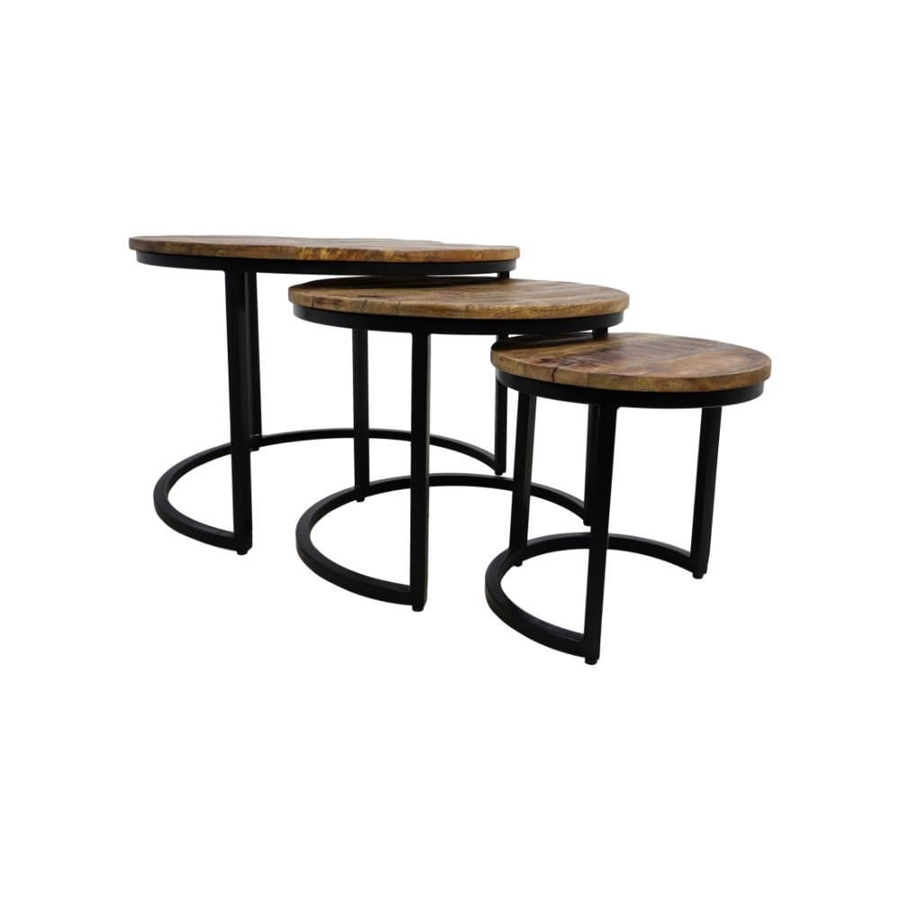 HSM Kollektion-Runder Couchtisch District S/3-ø67x46 / ø51x40 / ø35x34-Natur/Schwarz-Mango/Metall